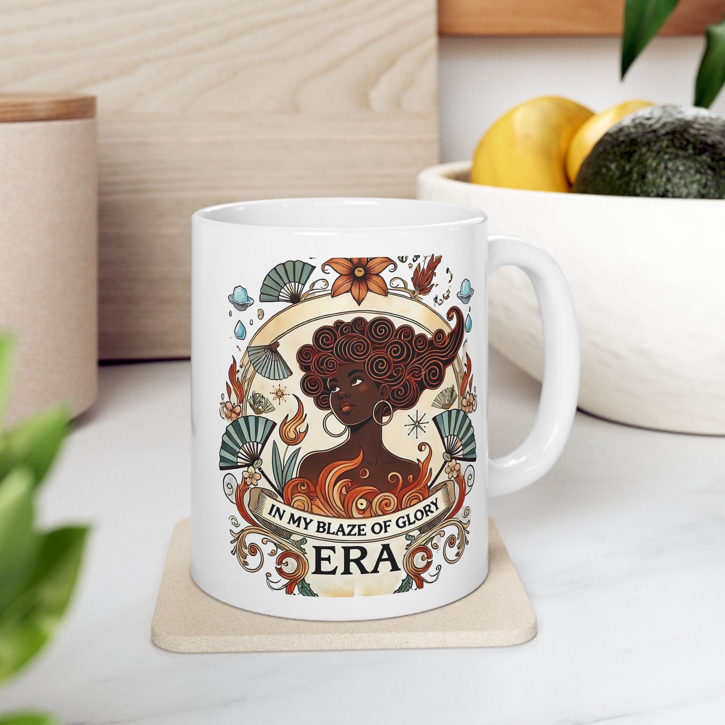 "In My Blaze of Glory Menopause Mug – Funny Ceramic Coffee Cup for Perimenopausal Women, Moms, and Hot Flash Queens – Perfect Art Nouveau Gift"