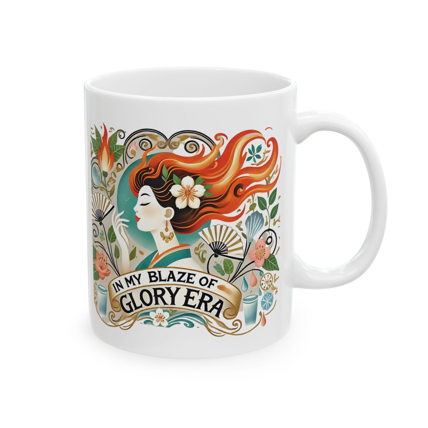 "In My Blaze of Glory Menopause Mug – Funny Ceramic Coffee Cup for Perimenopausal Women, Moms, and Hot Flash Queens – Perfect Art Nouveau Gift"