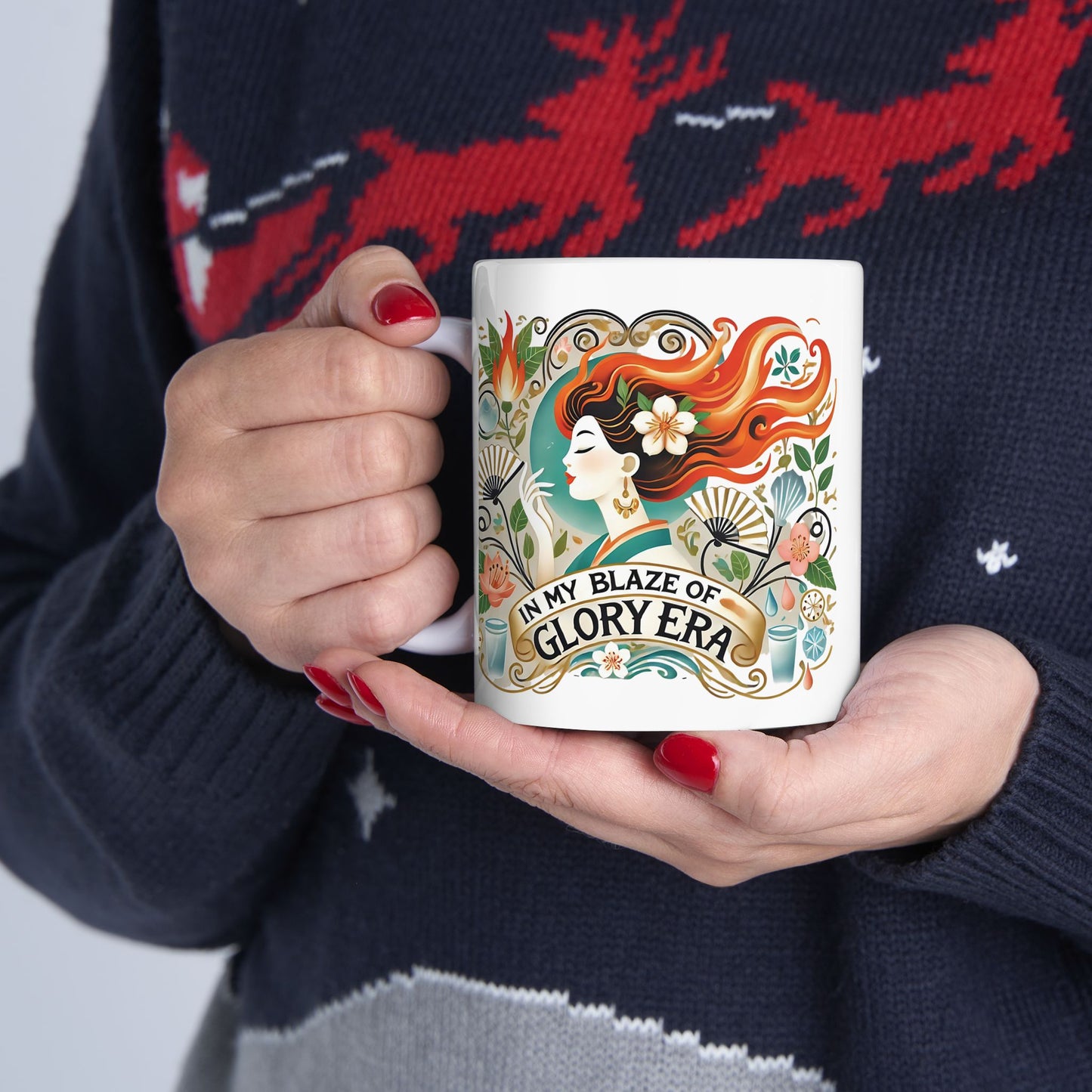 "In My Blaze of Glory Menopause Mug – Funny Ceramic Coffee Cup for Perimenopausal Women, Moms, and Hot Flash Queens – Perfect Art Nouveau Gift"