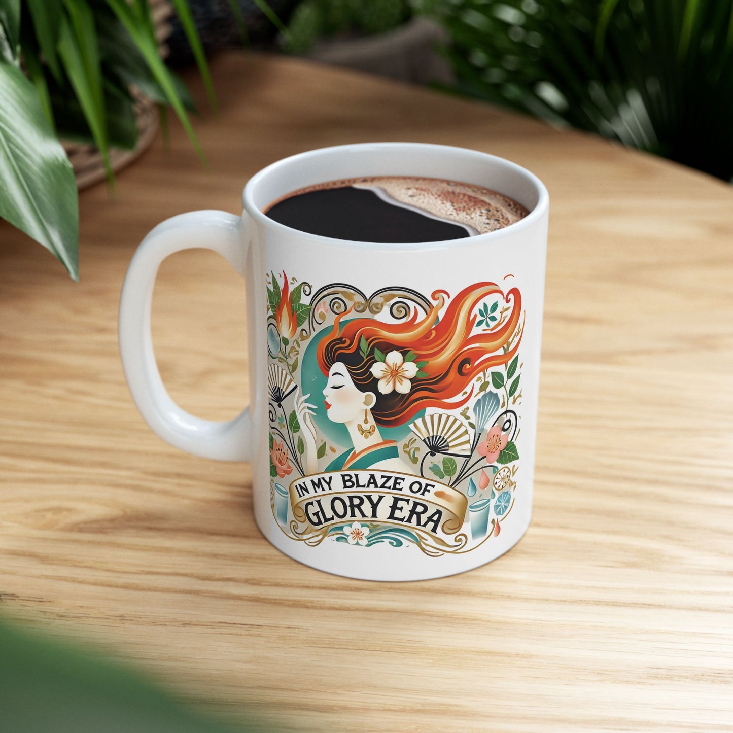 "In My Blaze of Glory Menopause Mug – Funny Ceramic Coffee Cup for Perimenopausal Women, Moms, and Hot Flash Queens – Perfect Art Nouveau Gift"