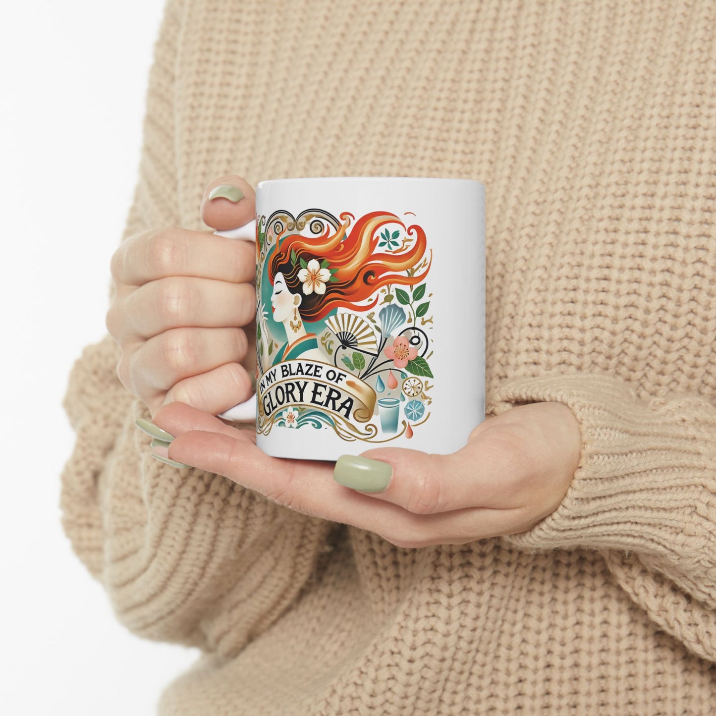 "In My Blaze of Glory Menopause Mug – Funny Ceramic Coffee Cup for Perimenopausal Women, Moms, and Hot Flash Queens – Perfect Art Nouveau Gift"