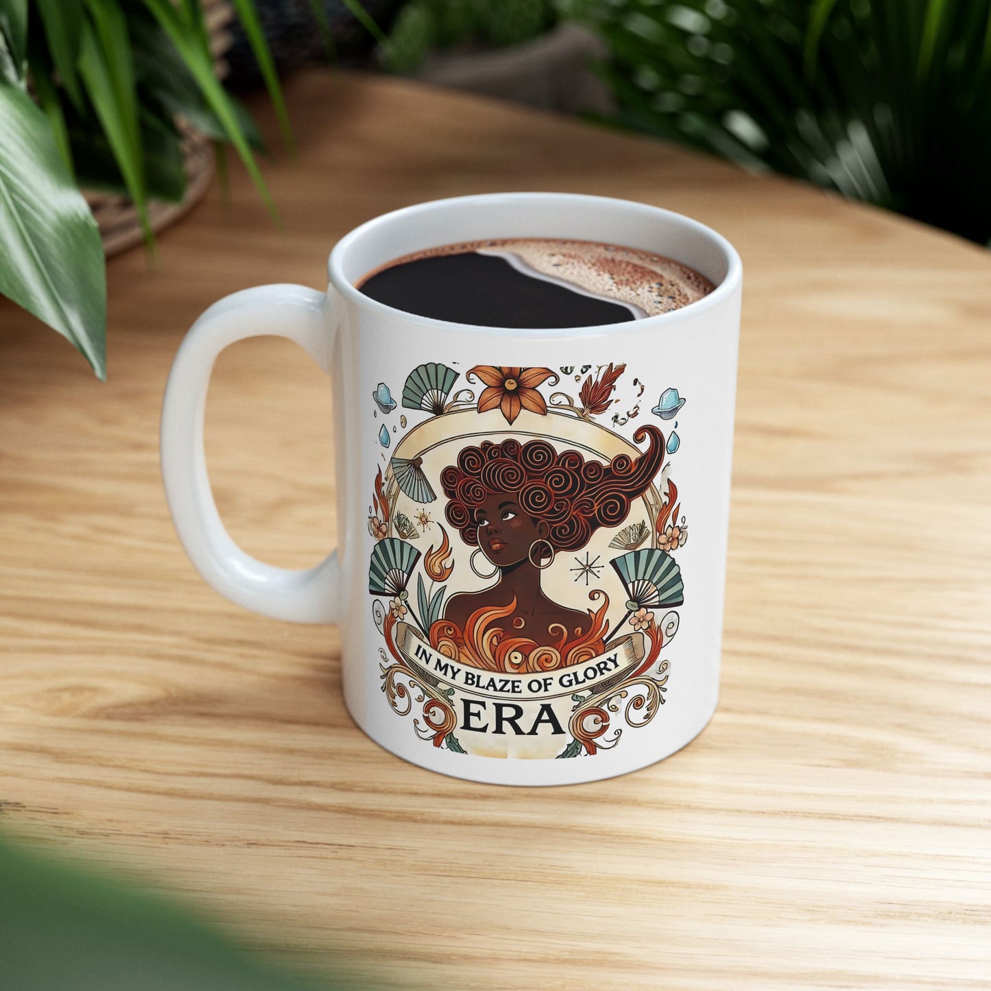 "In My Blaze of Glory Menopause Mug – Funny Ceramic Coffee Cup for Perimenopausal Women, Moms, and Hot Flash Queens – Perfect Art Nouveau Gift"