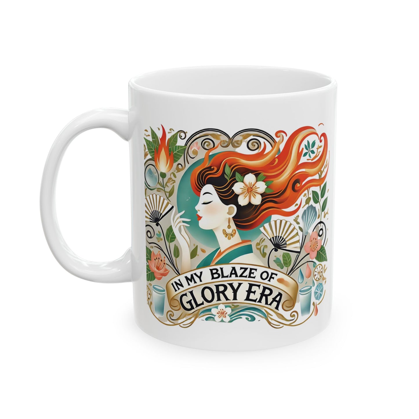"In My Blaze of Glory Menopause Mug – Funny Ceramic Coffee Cup for Perimenopausal Women, Moms, and Hot Flash Queens – Perfect Art Nouveau Gift"