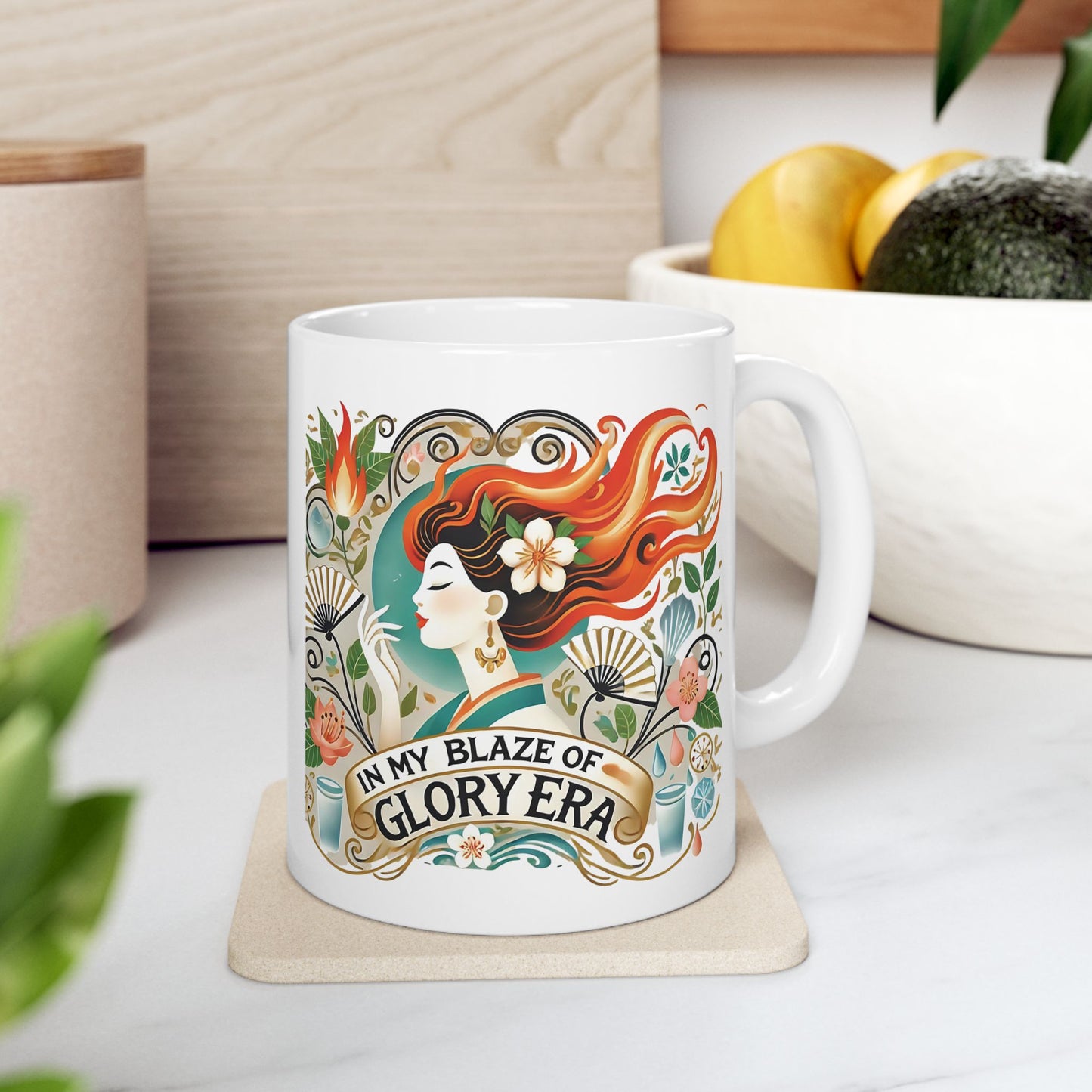 "In My Blaze of Glory Menopause Mug – Funny Ceramic Coffee Cup for Perimenopausal Women, Moms, and Hot Flash Queens – Perfect Art Nouveau Gift"