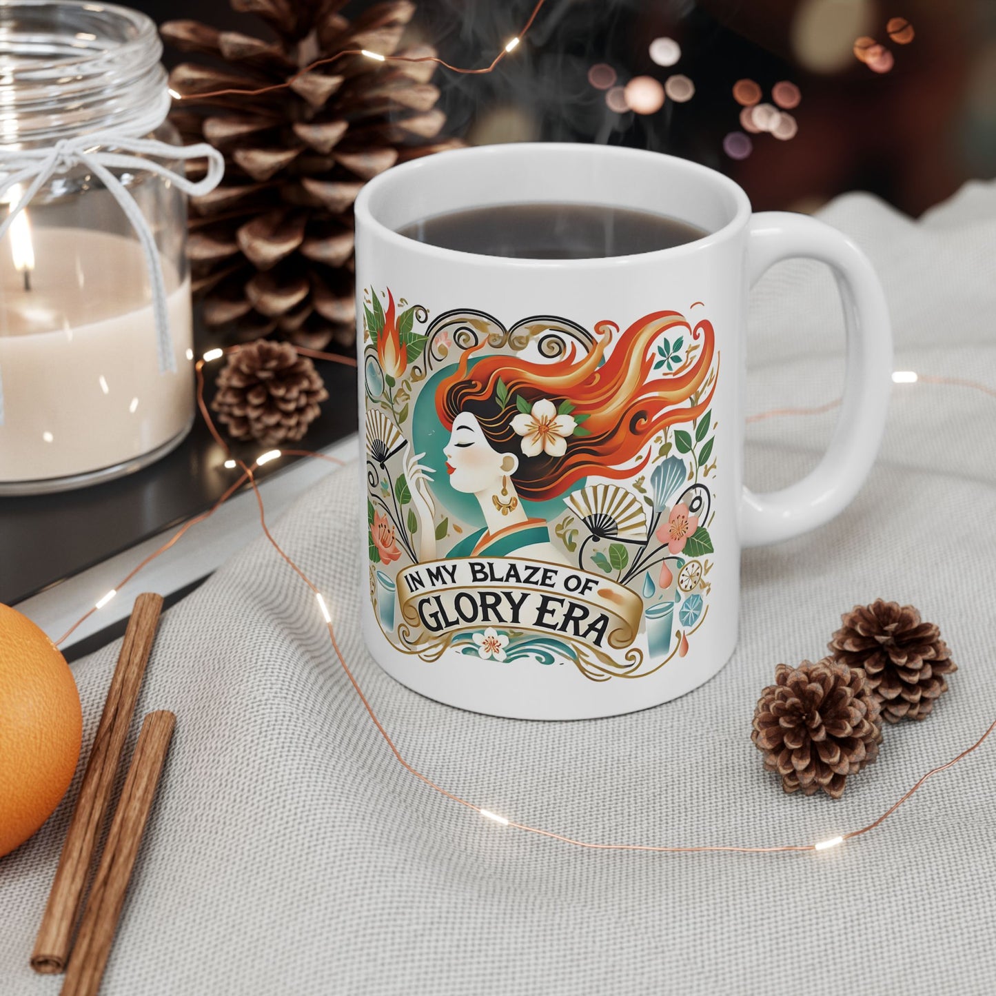 "In My Blaze of Glory Menopause Mug – Funny Ceramic Coffee Cup for Perimenopausal Women, Moms, and Hot Flash Queens – Perfect Art Nouveau Gift"