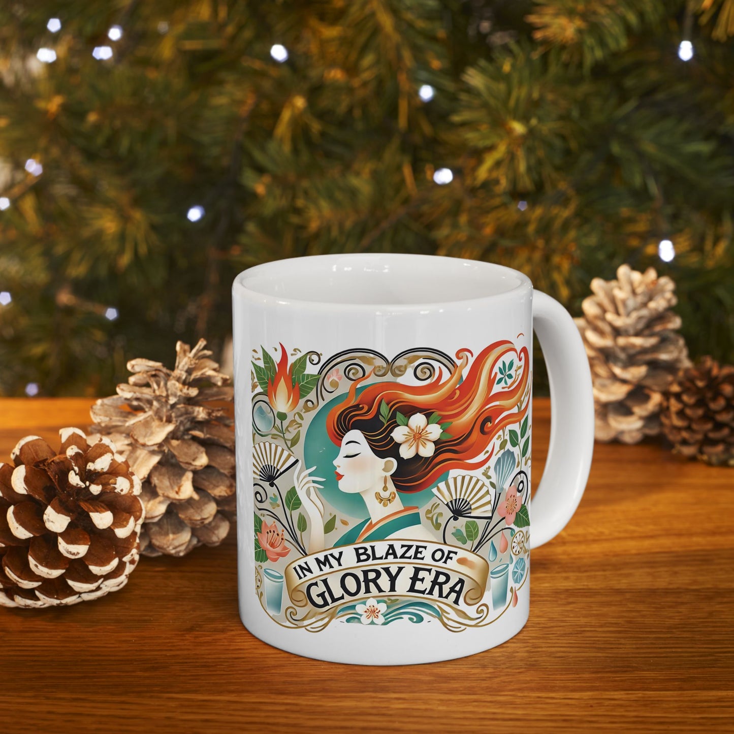 "In My Blaze of Glory Menopause Mug – Funny Ceramic Coffee Cup for Perimenopausal Women, Moms, and Hot Flash Queens – Perfect Art Nouveau Gift"