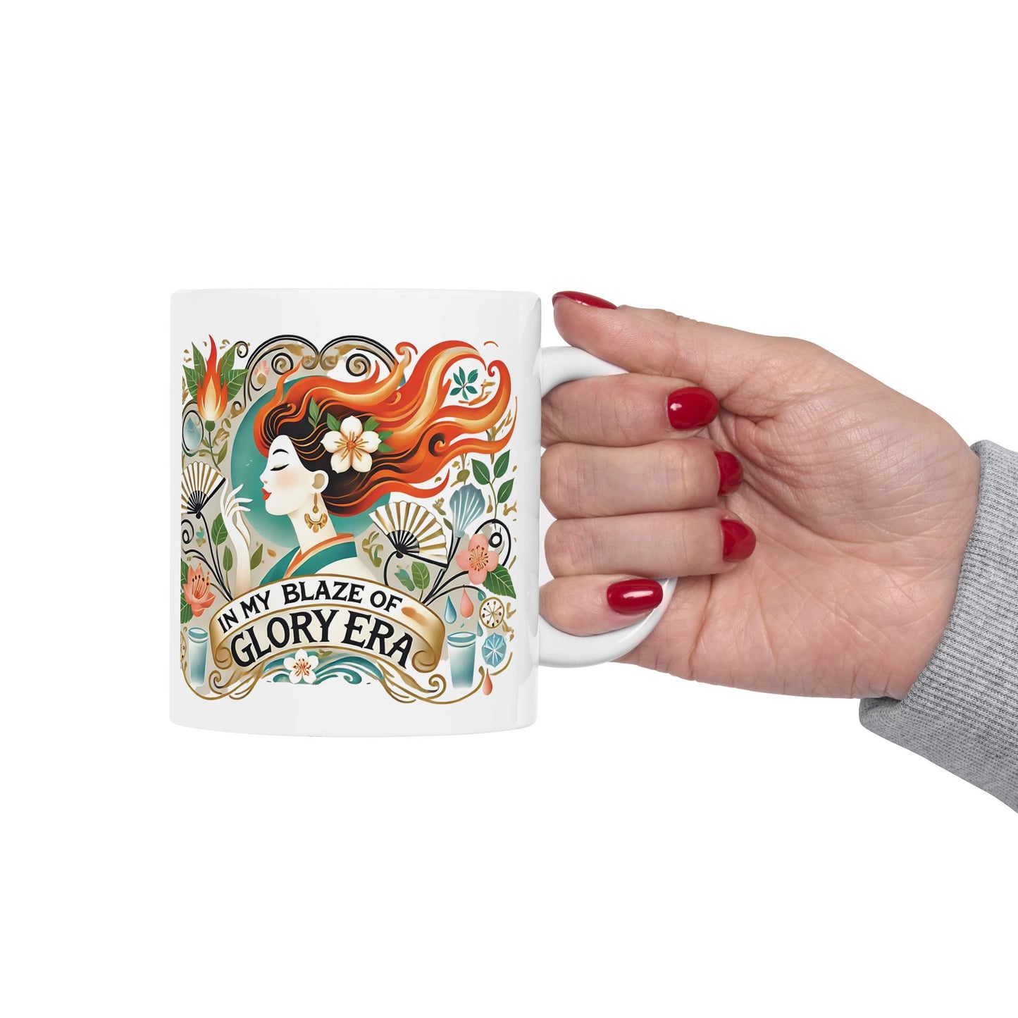 "In My Blaze of Glory Menopause Mug – Funny Ceramic Coffee Cup for Perimenopausal Women, Moms, and Hot Flash Queens – Perfect Art Nouveau Gift"